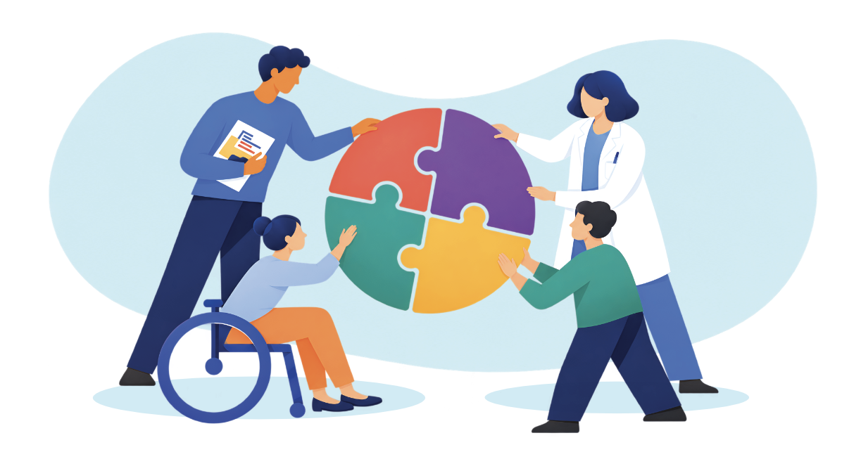 Quatre personnes, dont une usagère en fauteuil et une professionnelle de santé, réunissent les pièces d’un puzzle